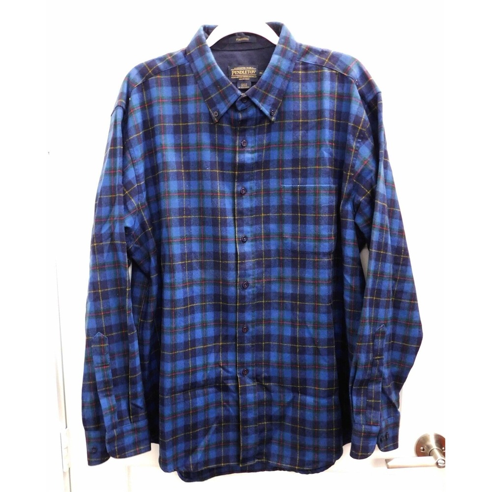 Pendleton 100% Wool Navy Blue Plaid Long Sleeve Button Down Shirt XL